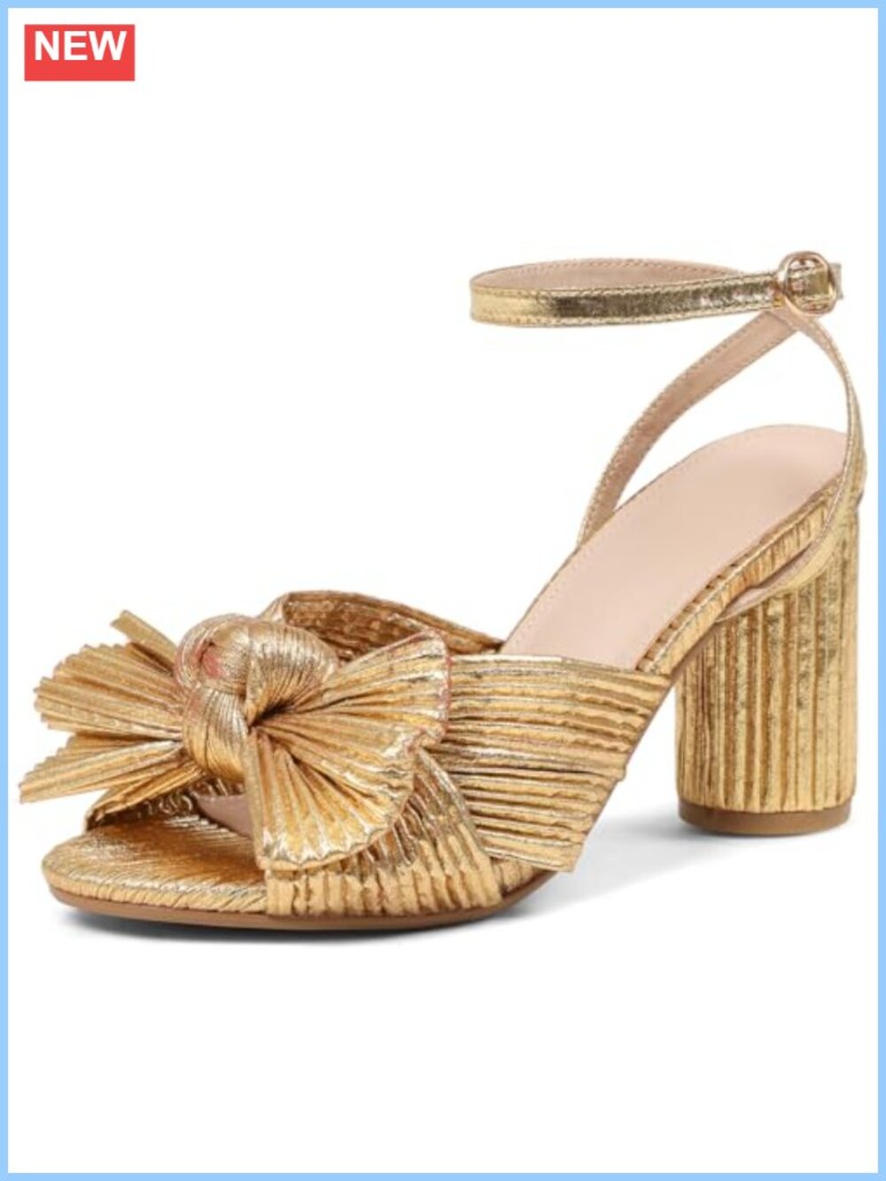 Women's Bow Pleated Block Heeled Sandals Open Toe